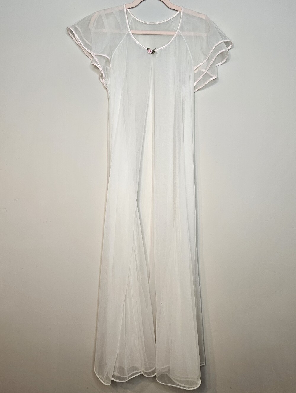 Val Mode Vintage Double Nylon Lingerie Robe Size Medium White Open Front Maxi